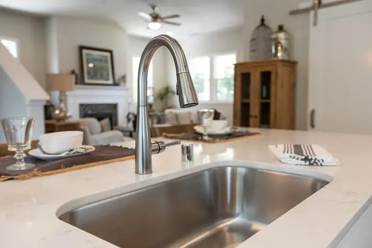 Undermount sink in a quartz island facing the family room