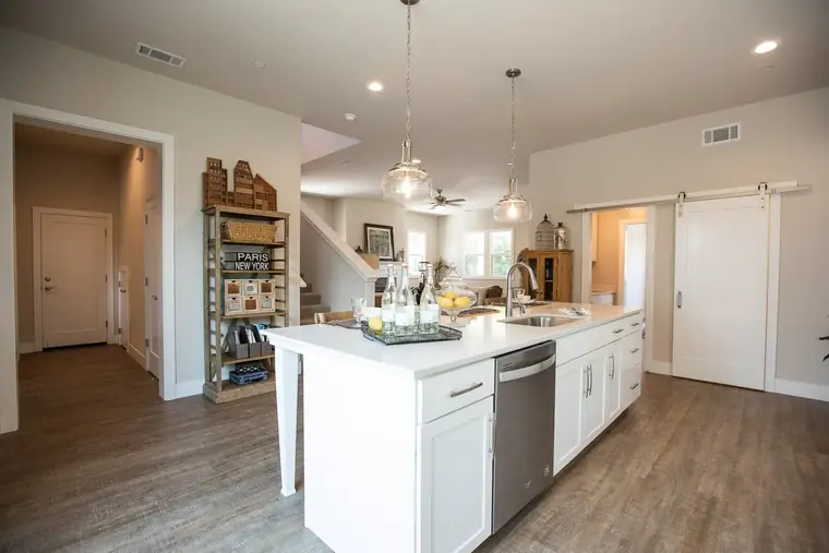 Kitchen island with stainless dishwasher open to the hallway